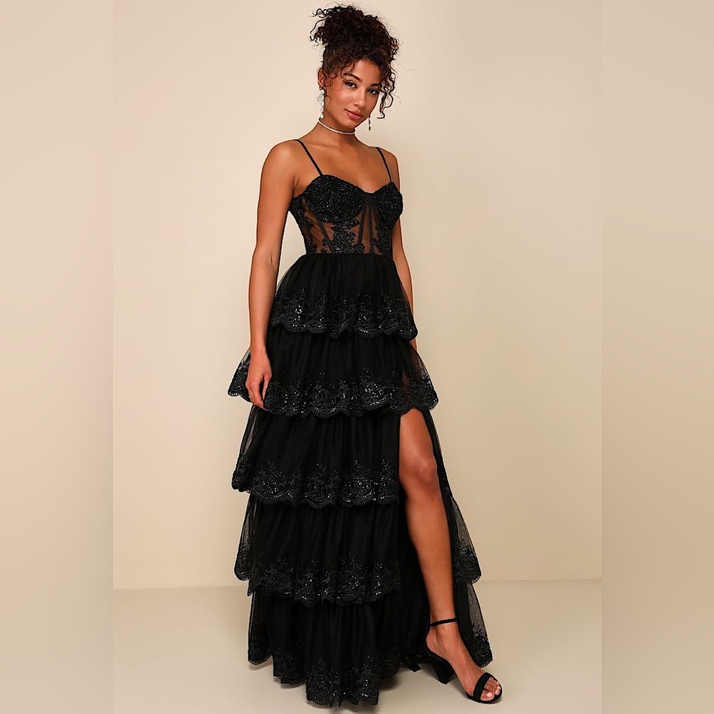 Lulus Alluring Sensation Black Tulle Embroidered Tiered Maxi Dress, Size XS, NWT